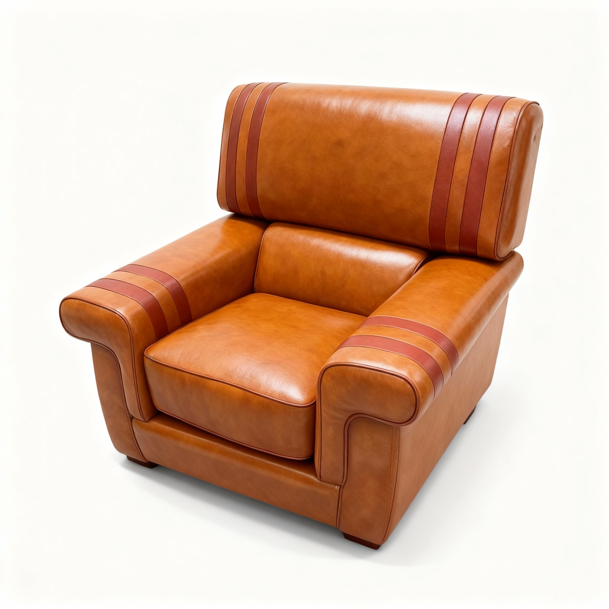 "FOCUS" armchair (105cm) in full-grain brown leather, featuring bold contrasting horizontal bands and Art Deco inspired Italian craftsmanship