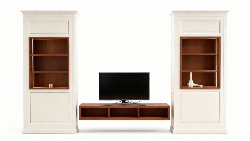"First" XXL modular TV wall unit (394cm) featuring white outer structures, cherry wood interiors, side display columns, and integrated LED lighting