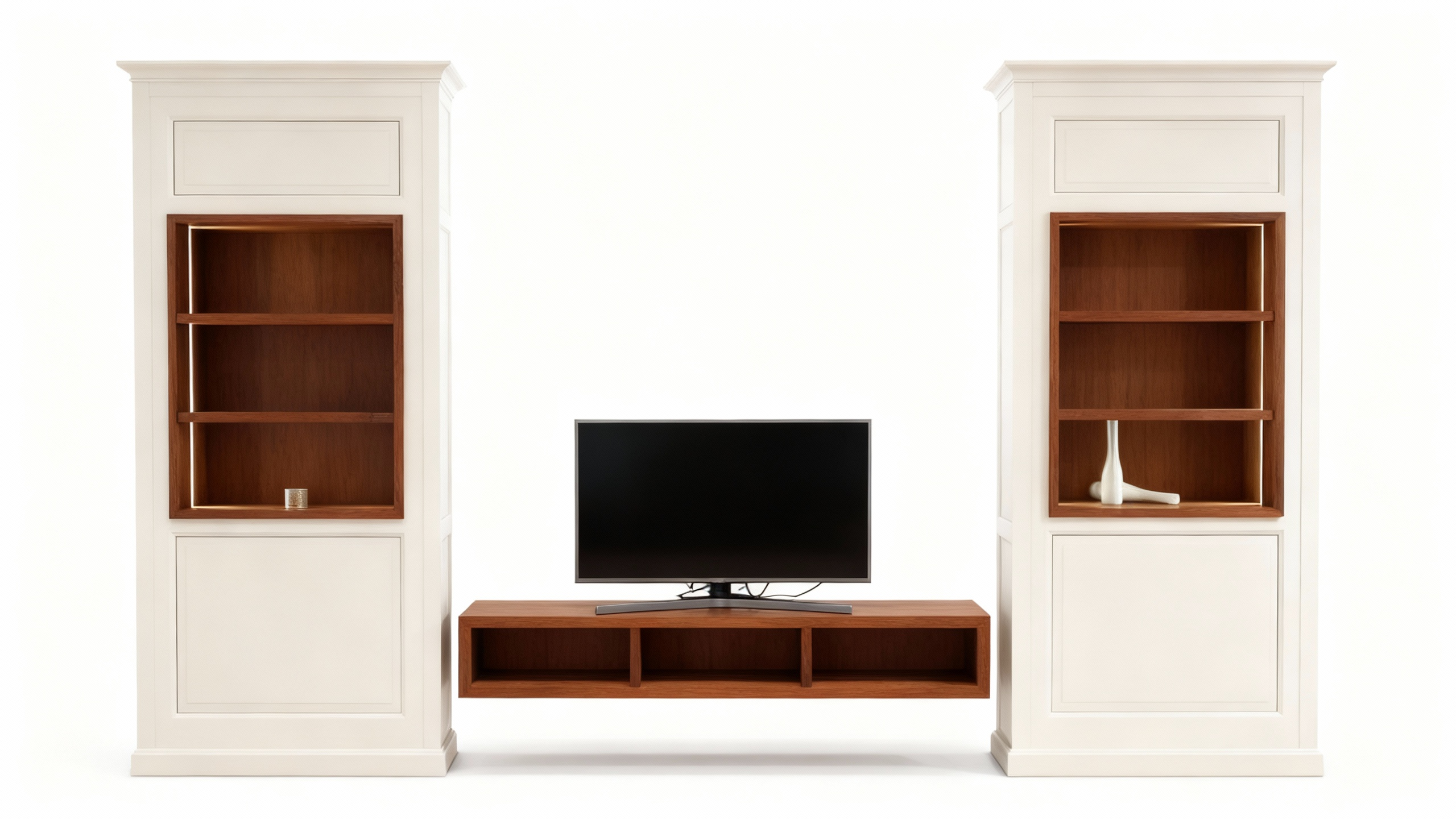 "First" XXL modular TV wall unit (394cm) featuring white outer structures, cherry wood interiors, side display columns, and integrated LED lighting