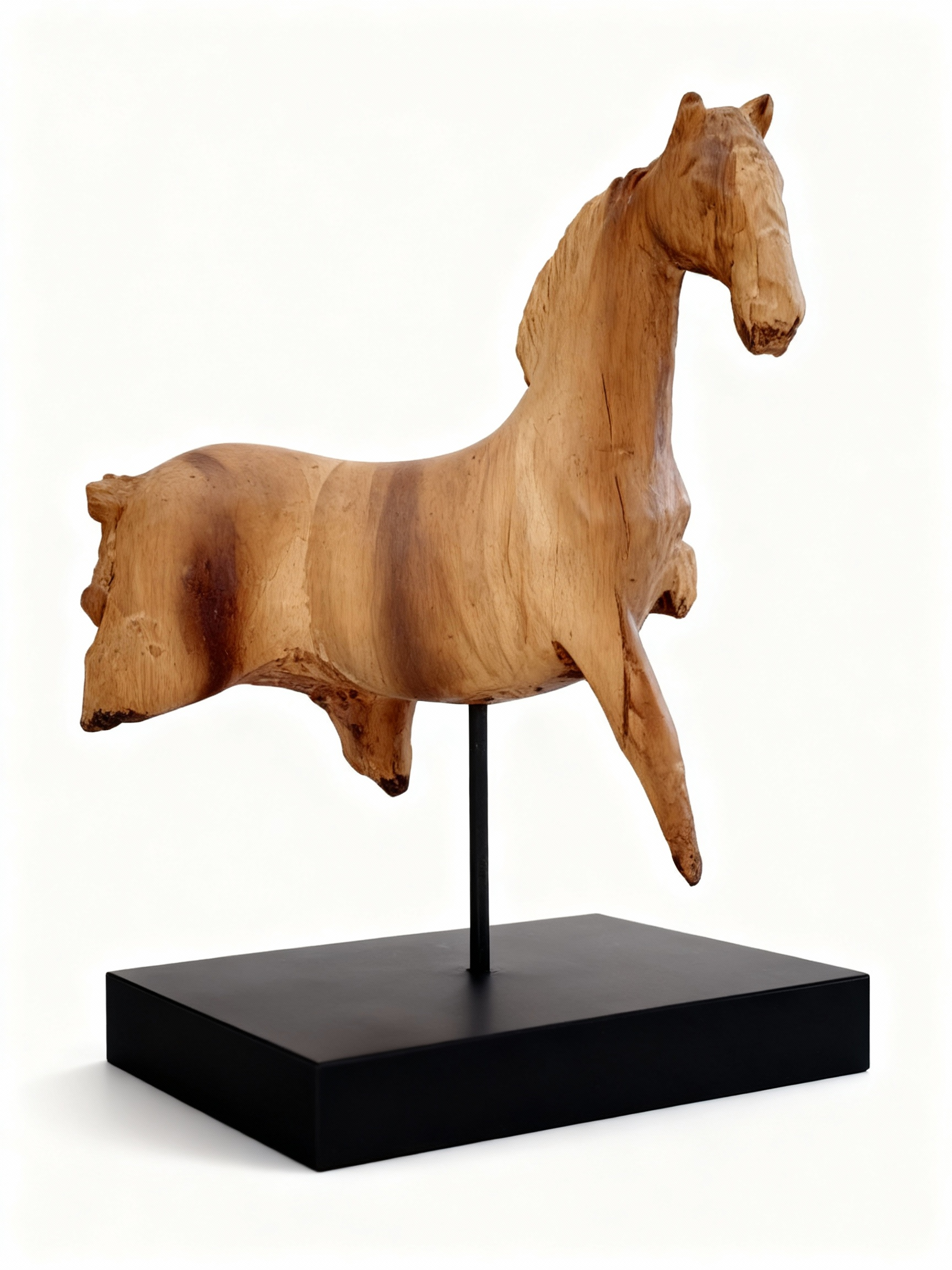 Wooden horse statuette, sculpted mid-gallop on a matte black base