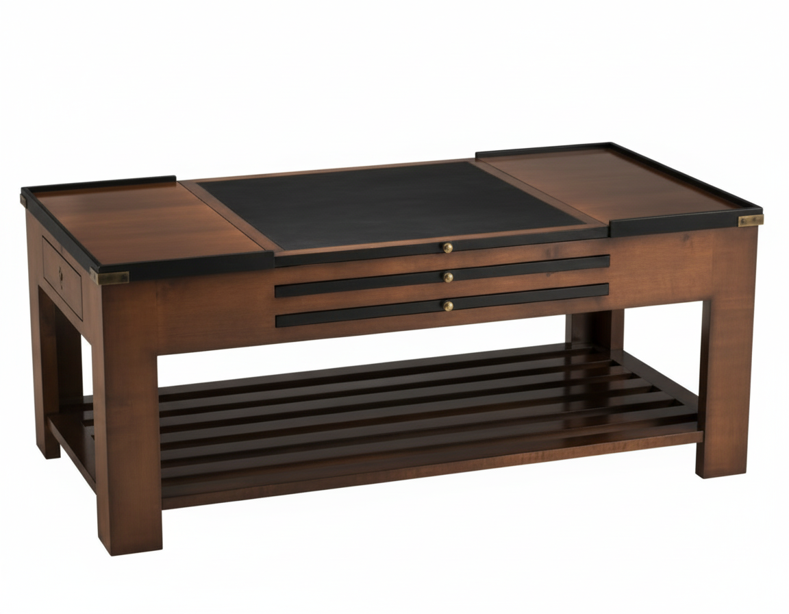 "Games & Treasures" coffee table (120x62x45cm) in brown/black stained cherry wood with a leather top, concealing two built-in game boards (chess/cards) and featuring lower storage
