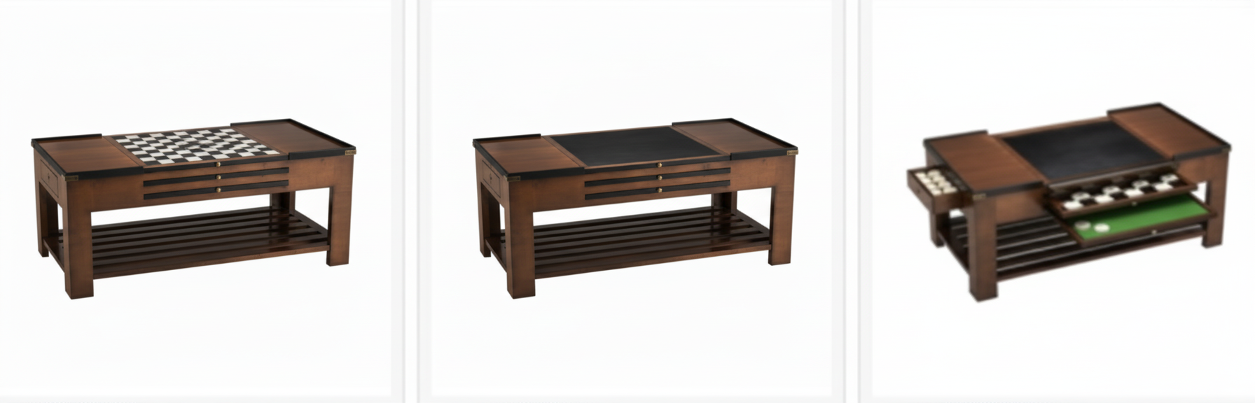 "Games & Treasures" coffee table (120x62x45cm) in brown/black stained cherry wood with a leather top, concealing two built-in game boards (chess/cards) and featuring lower storage