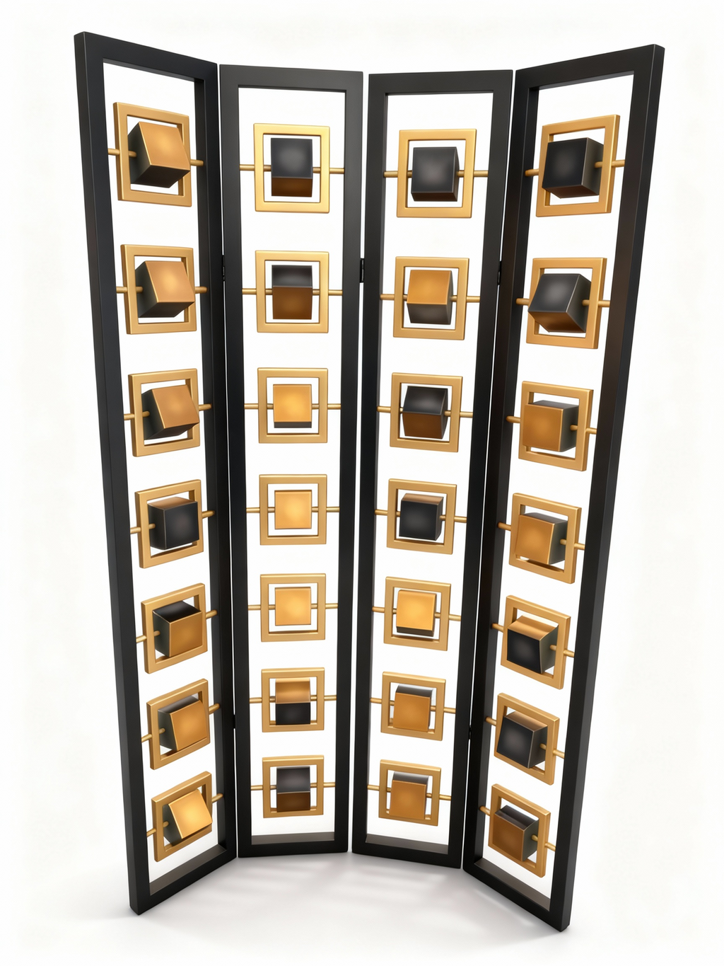 Geometric Mosaic four-panel screen with black wood frame and rotating black and gold/copper cube pattern, 198cm high