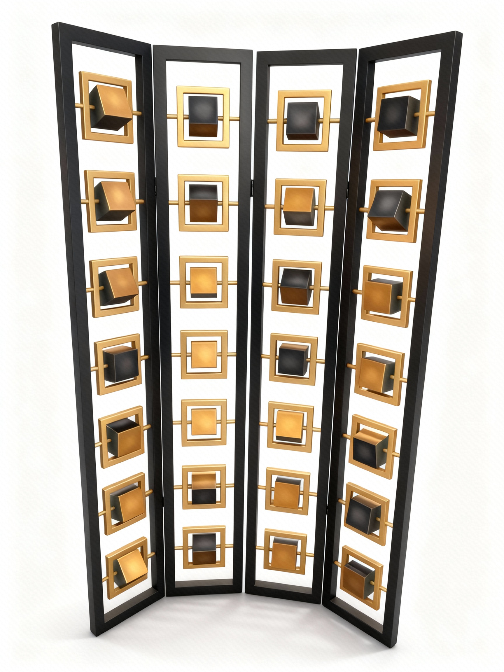 Geometric Mosaic four-panel screen with black wood frame and rotating black and gold/copper cube pattern, 198cm high