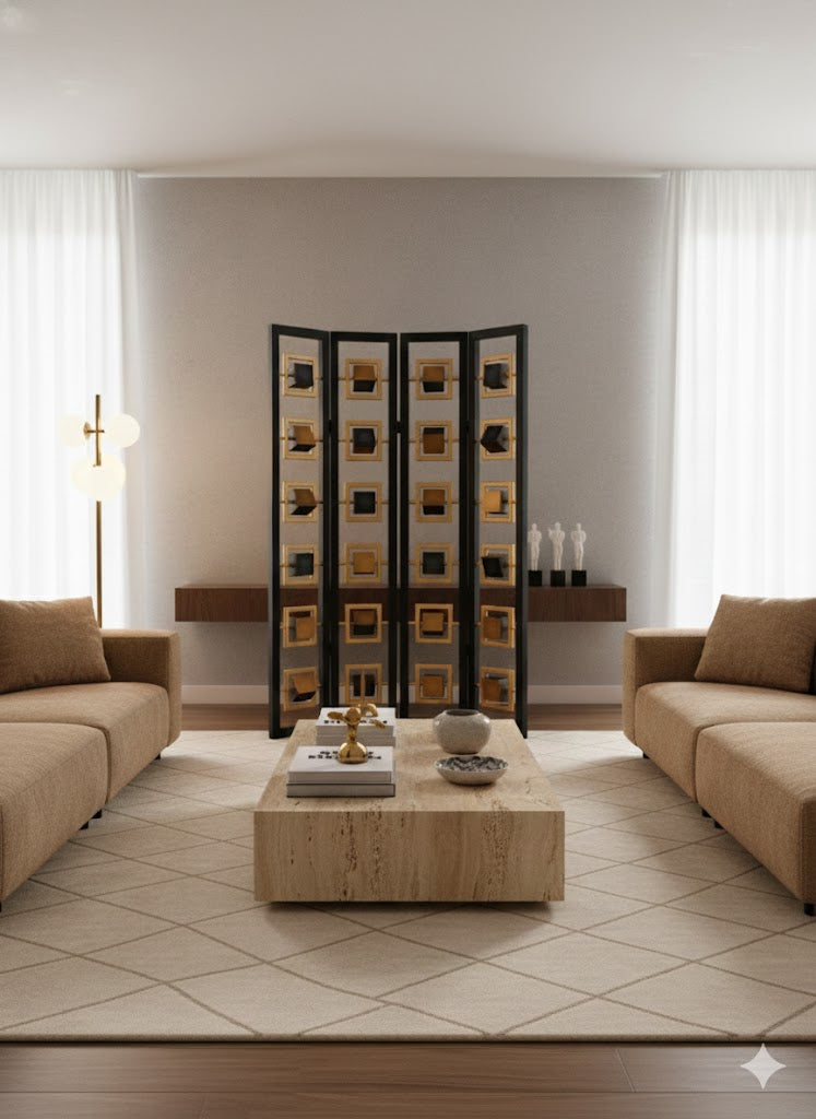 Geometric Mosaic four-panel screen with black wood frame and rotating black and gold/copper cube pattern, 198cm high