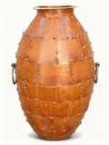 Giant industrial patinated metal rivet jar 90cm with copper-effect bands and handles