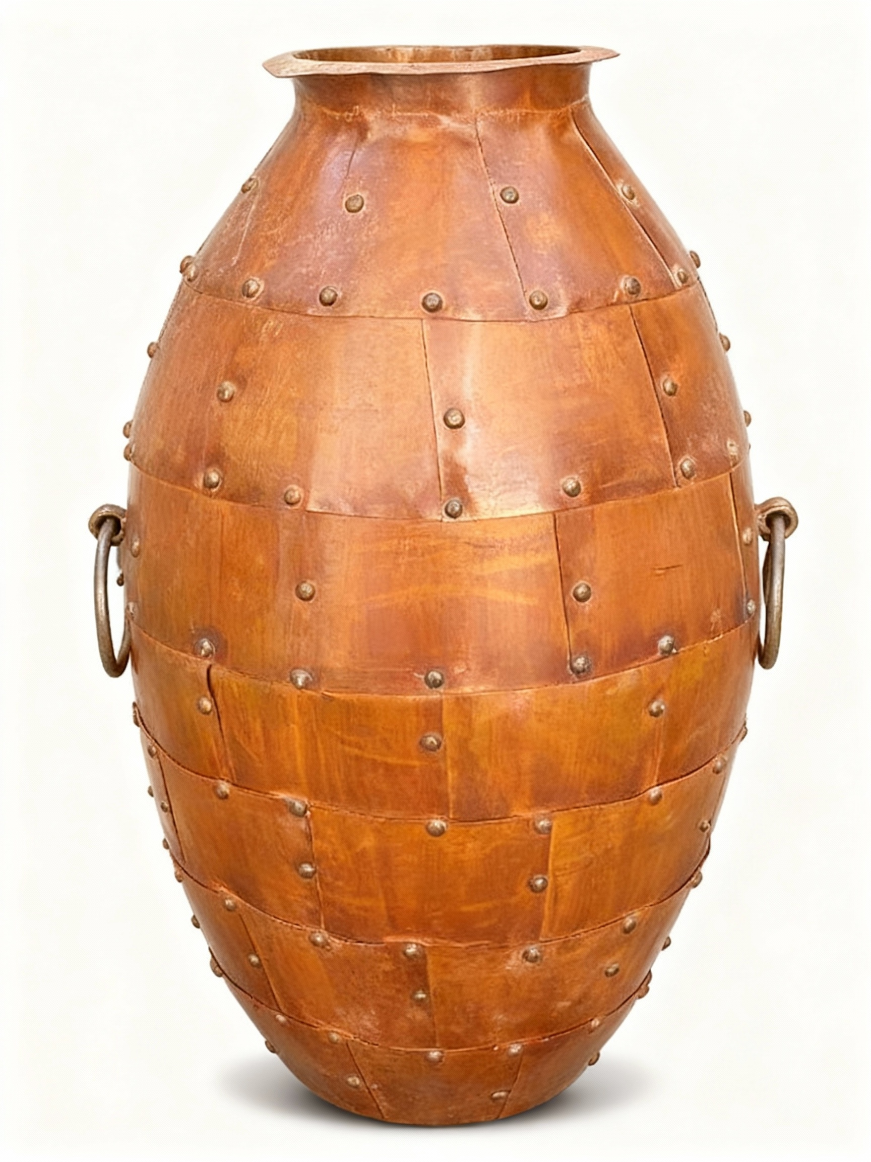 Giant patinated metal floor vase/jar (90cm) with copper-toned metal bands, visible rivets, and large side ring handles