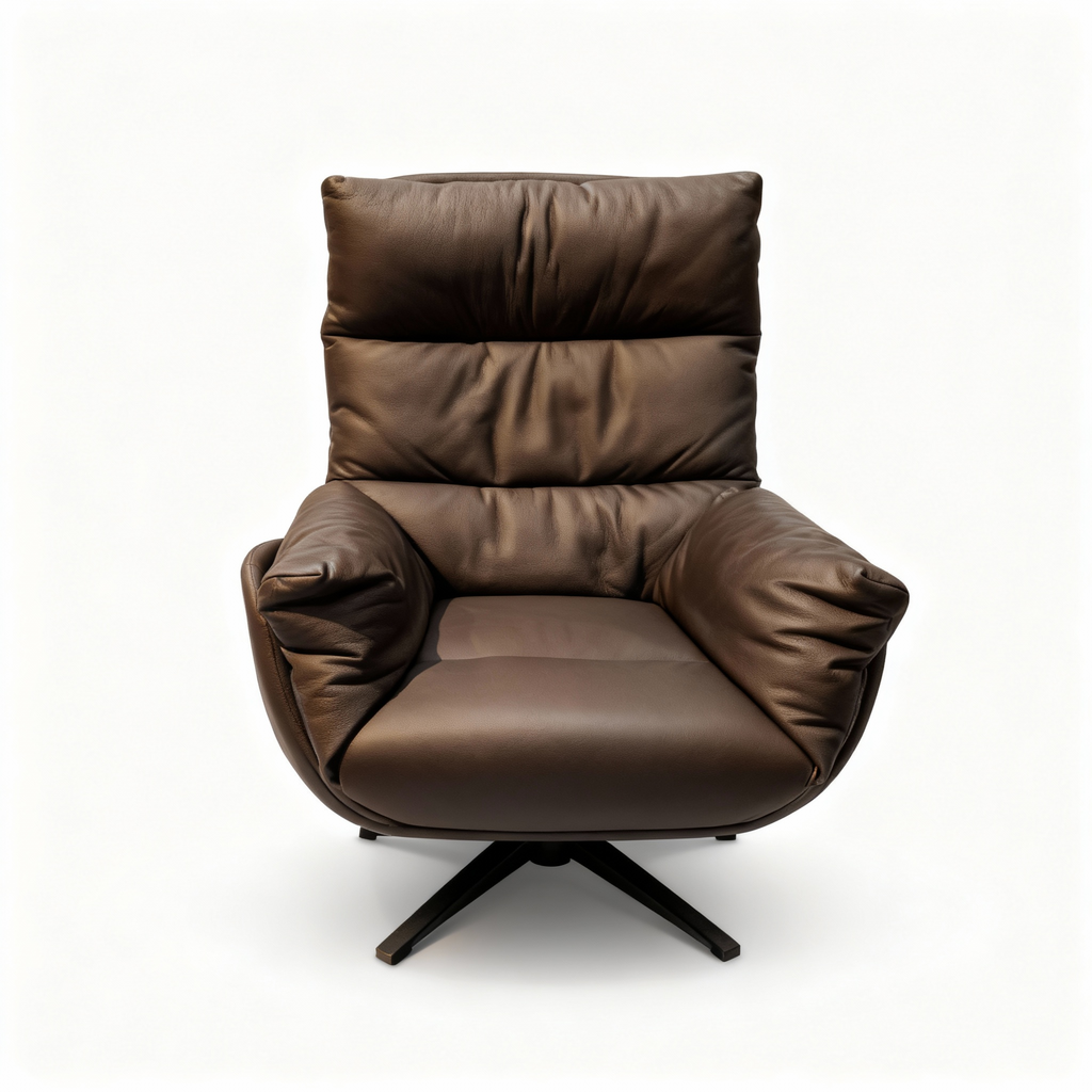 Modern "Giorgia" relaxation chair with an organic, enveloping silhouette, upholstered in Mocca Brown genuine leather, set on a sleek dark metal swivel star base.