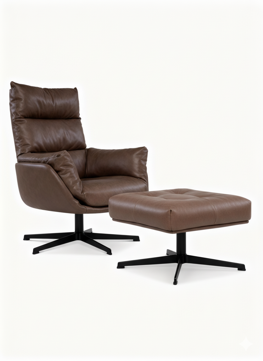 Modern "Giorgia" relaxation chair with an organic, enveloping silhouette, upholstered in Mocca Brown genuine leather, set on a sleek dark metal swivel star base.