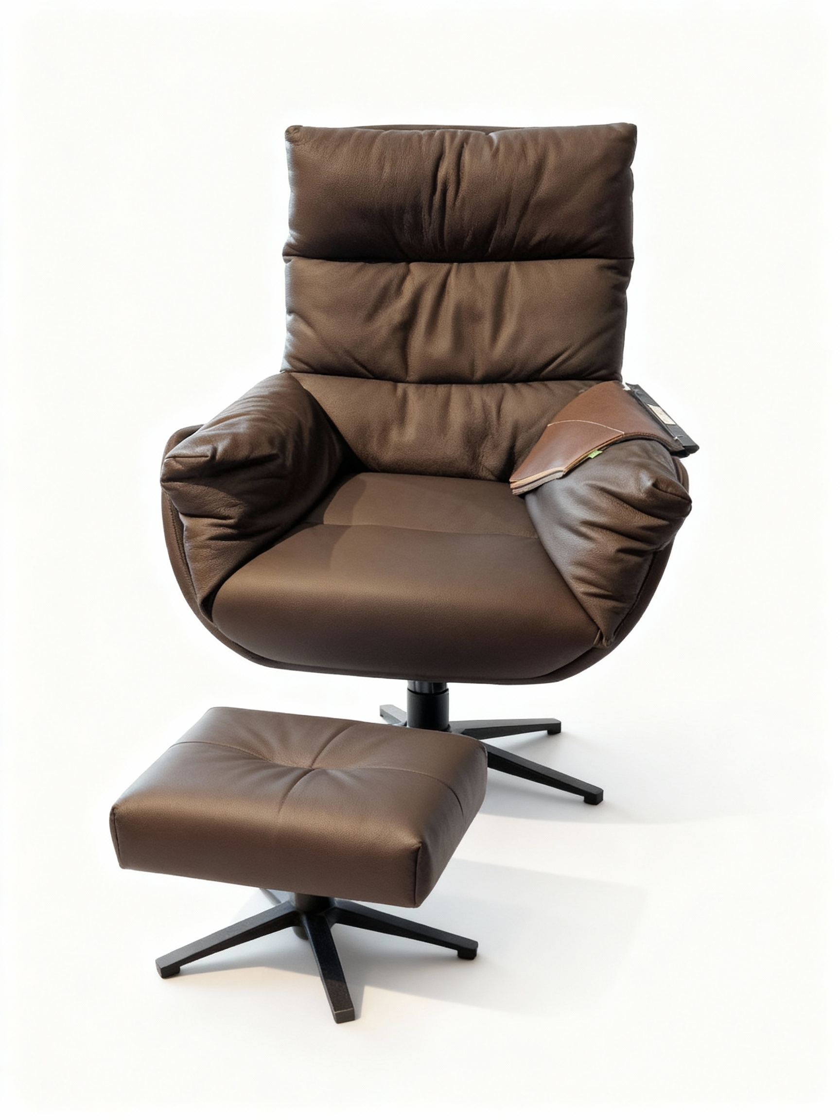 Modern "Giorgia" relaxation chair with an organic, enveloping silhouette, upholstered in Mocca Brown genuine leather, set on a sleek dark metal swivel star base.