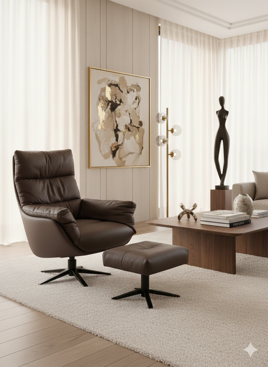 GIORGIA armchair on a slim dark metal 360 degree swivel base