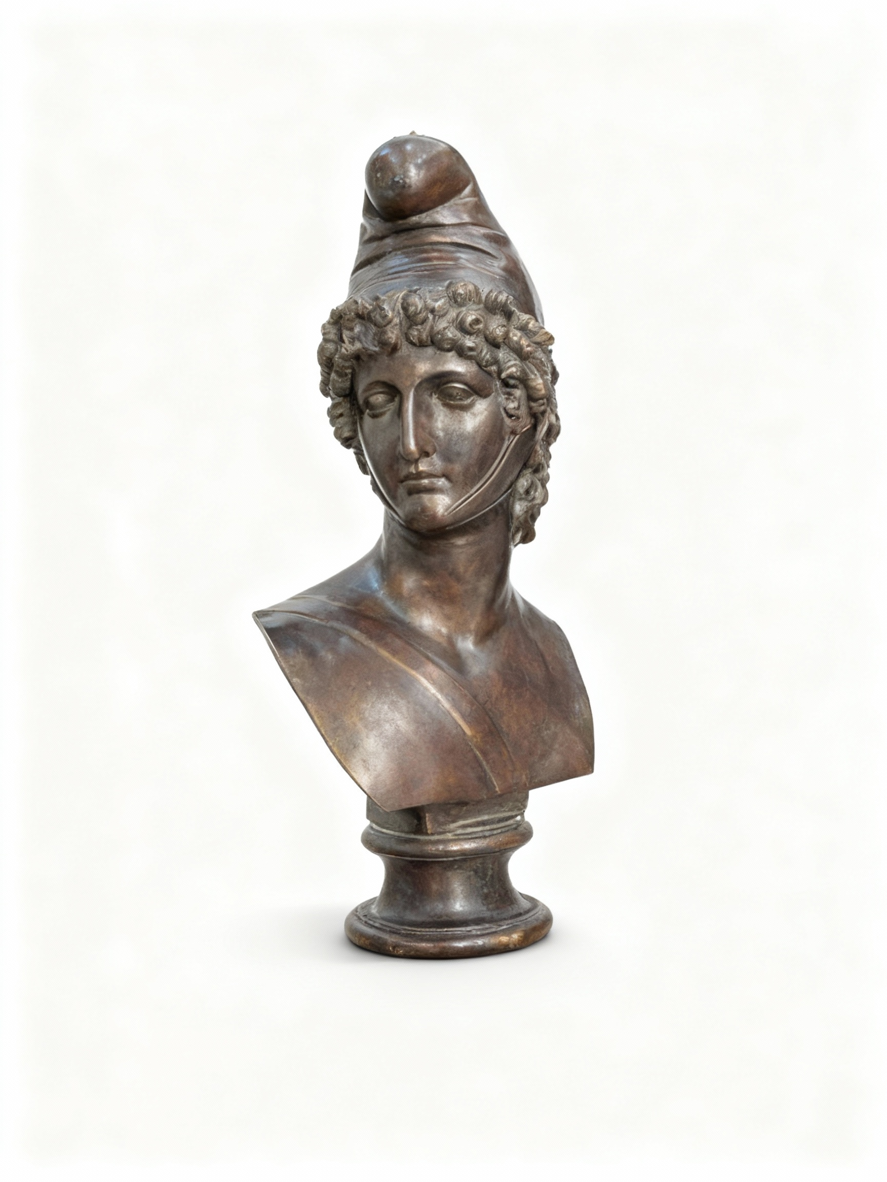 Greco-Roman inspired warrior bust (Mars/Achilles) wearing an antique helmet with rich aged bronze patina finish