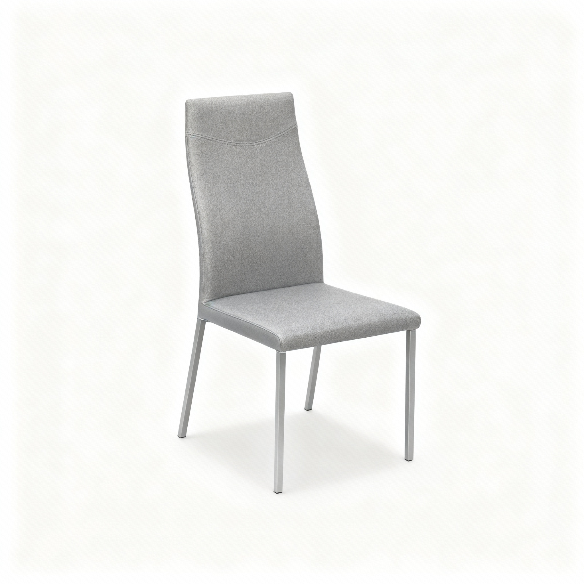 Contemporary "Helena" dining chair with a high, slightly curved backrest, upholstered in practical washable grey fabric, supported by black metal legs.