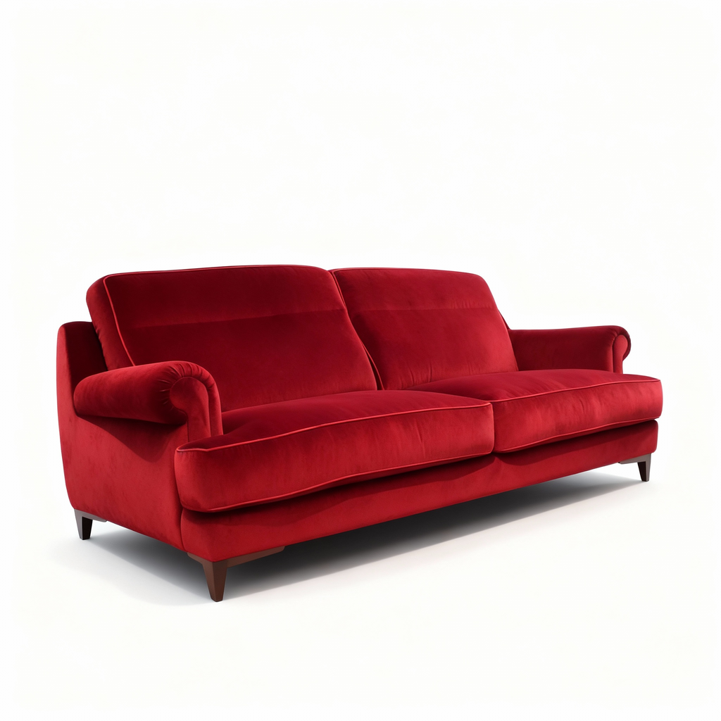 Luxurious "Hollywood" 3-seater sofa upholstered in rich ruby red velvet, featuring a deep profile, generous cushions, and rolled armrests.