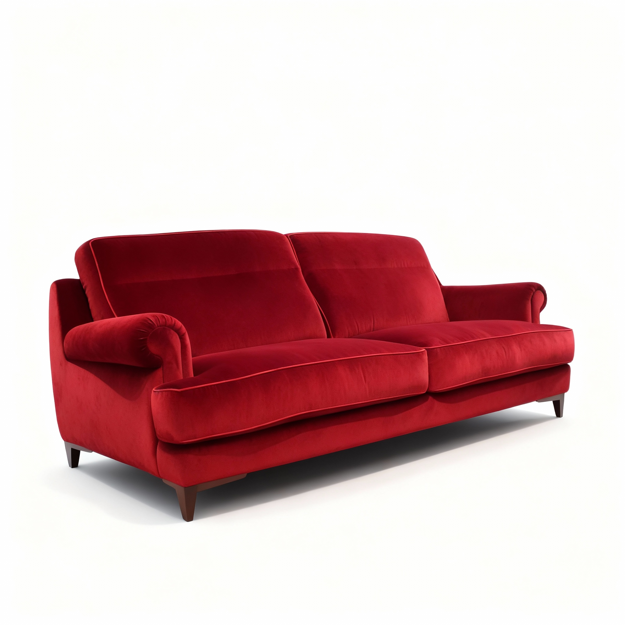 Luxurious "Hollywood" 3-seater sofa upholstered in rich ruby red velvet, featuring a deep profile, generous cushions, and rolled armrests.