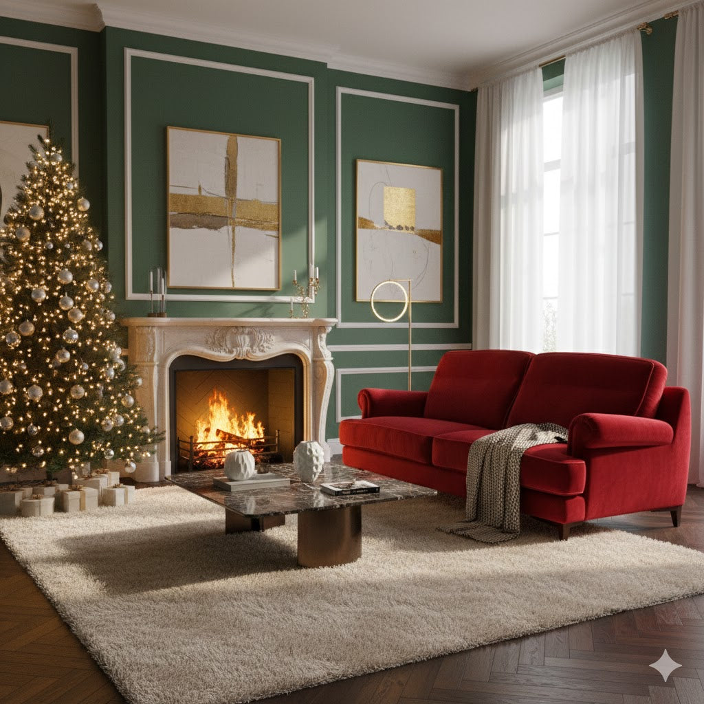 Luxurious "Hollywood" 3-seater sofa upholstered in rich ruby red velvet, featuring a deep profile, generous cushions, and rolled armrests.