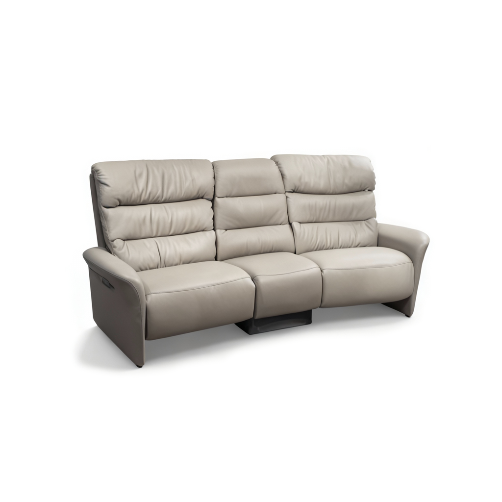 Contemporary 3-seater home cinema sofa upholstered in grey leather, featuring reclining end seats and a central backrest that folds down into a rigid wooden service table.