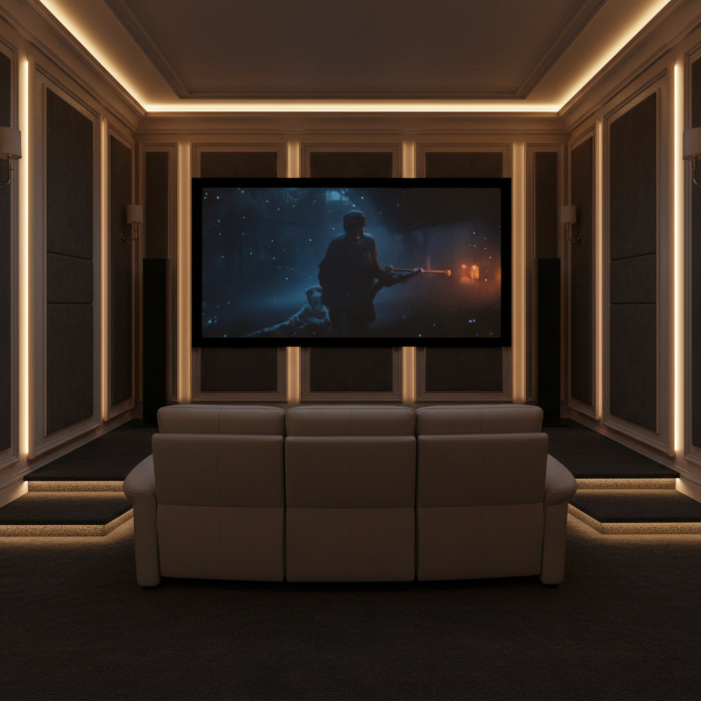 Contemporary 3-seater home cinema sofa upholstered in grey leather, featuring reclining end seats and a central backrest that folds down into a rigid wooden service table.