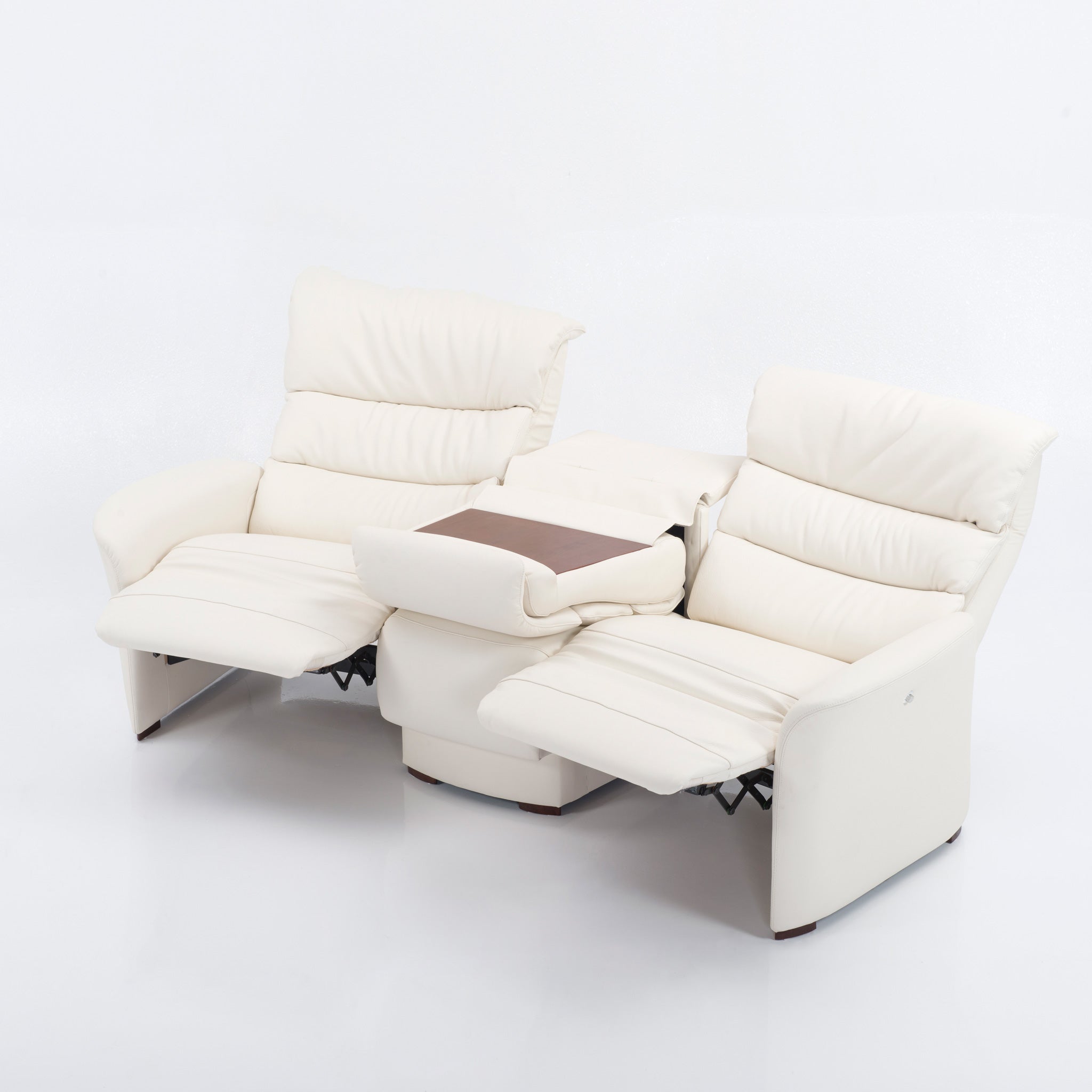 Contemporary 3-seater home cinema sofa upholstered in grey leather, featuring reclining end seats and a central backrest that folds down into a rigid wooden service table.