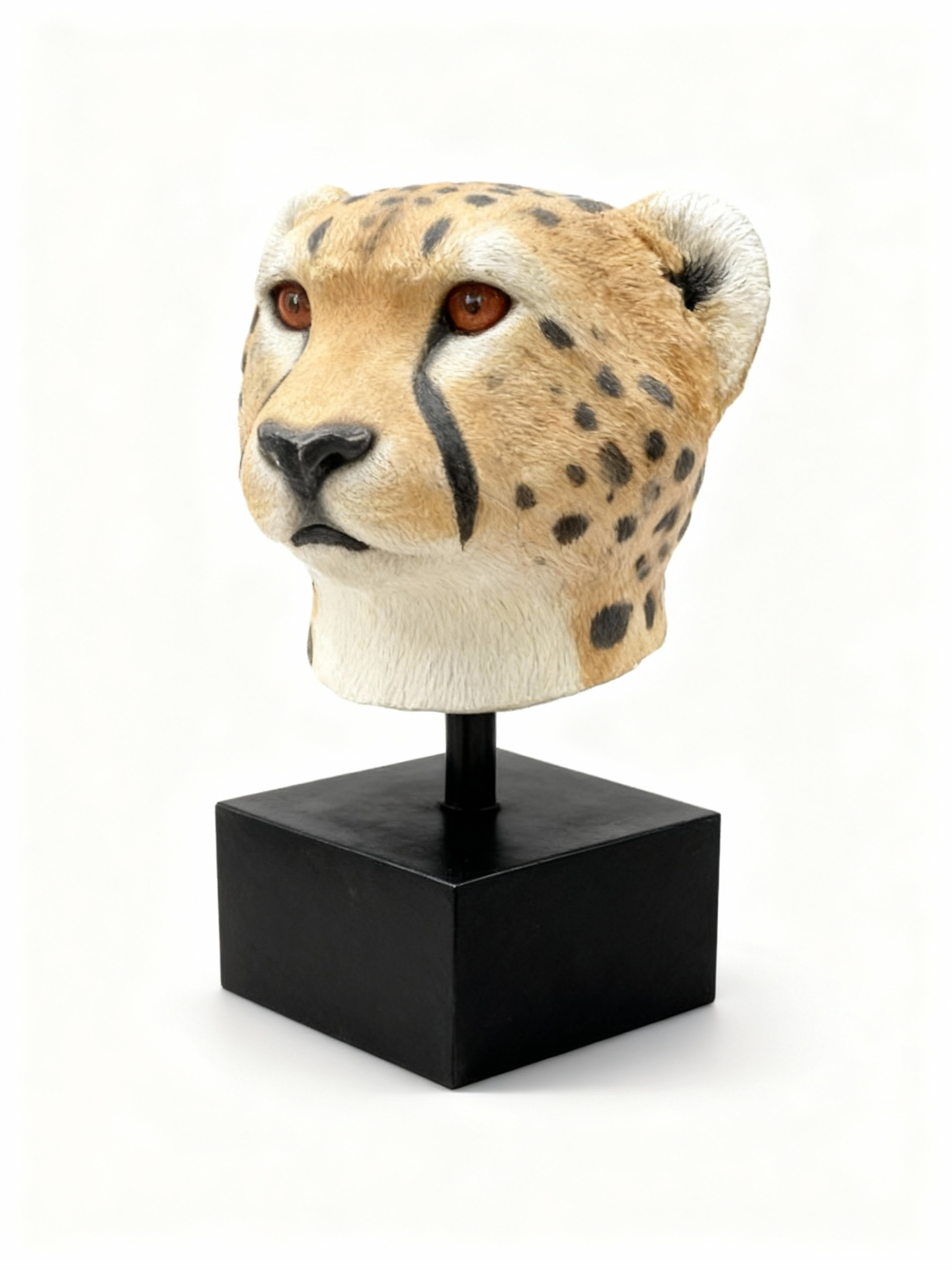Hyper-realistic cheetah head sculpture with detailed coat and black tear marks, elegantly mounted on a matte black pedestal
