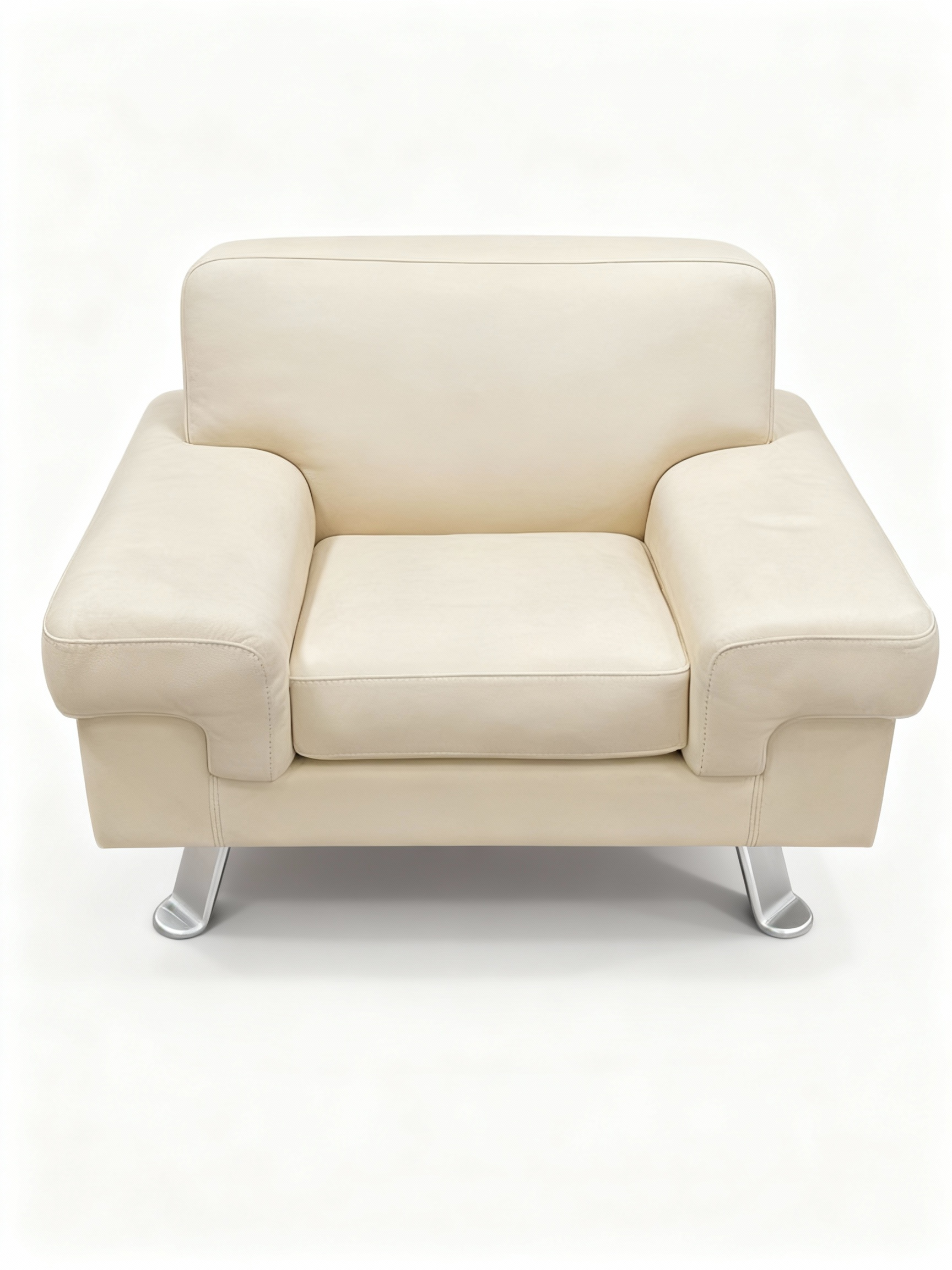 "Intesa" Italian-made armchair (114cm) upholstered in supple cream leather with tone-on-tone stitching, supported by matte steel legs for a contemporary look