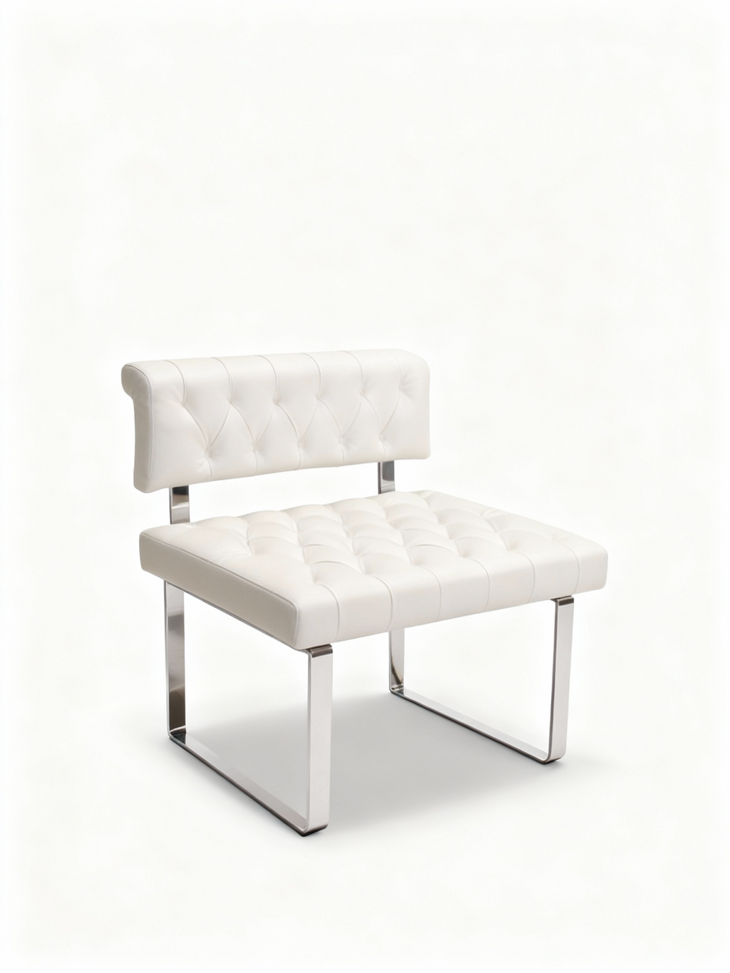 "Janet" modern luxury armchair (65cm) in white leather with deep button tufting, set on a polished chrome metal frame