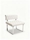 Janet tufted armchair in white leather with deep button tufting and polished chrome frame