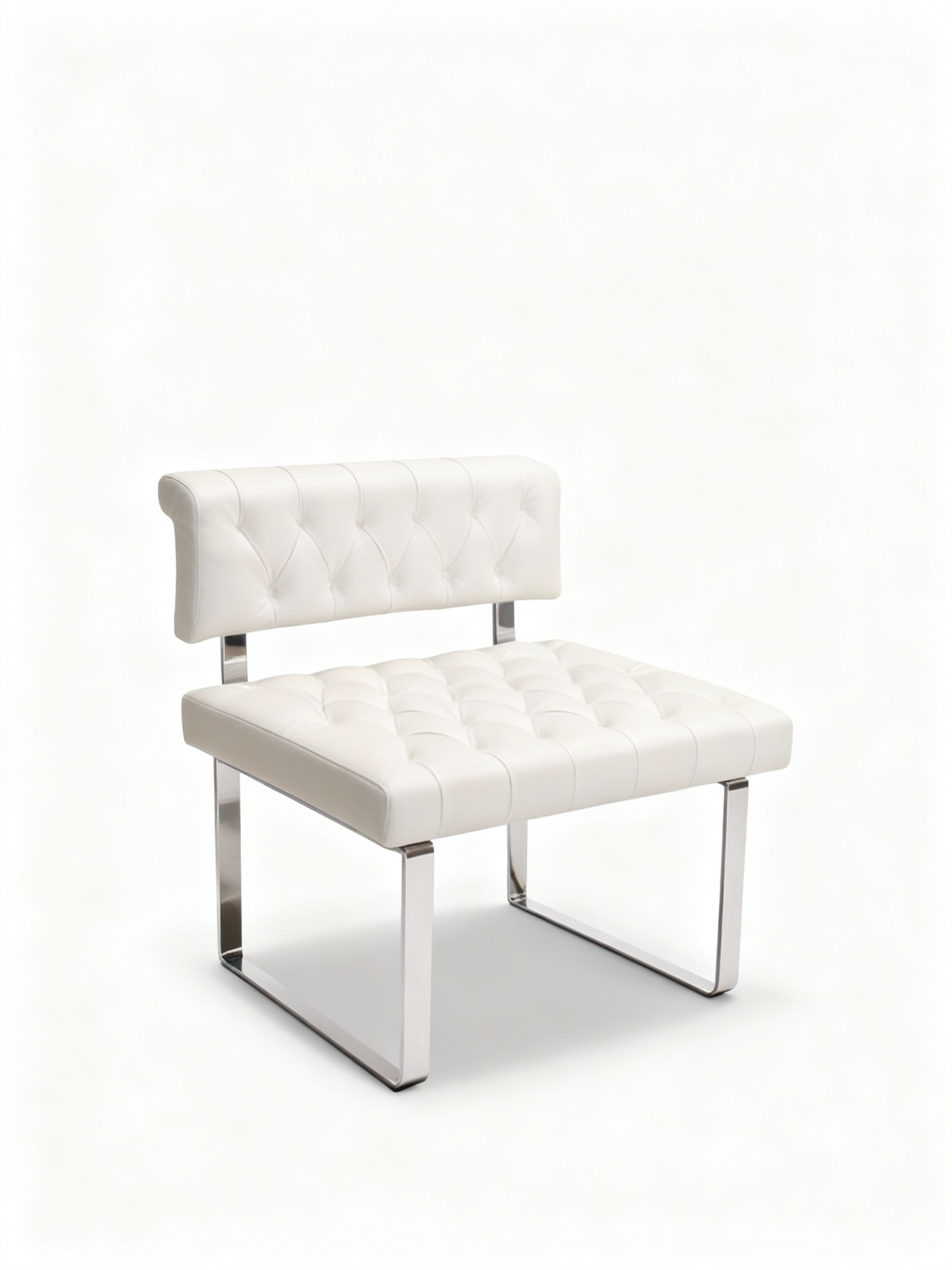 "Janet" modern luxury armchair (65cm) in white leather with deep button tufting, set on a polished chrome metal frame
