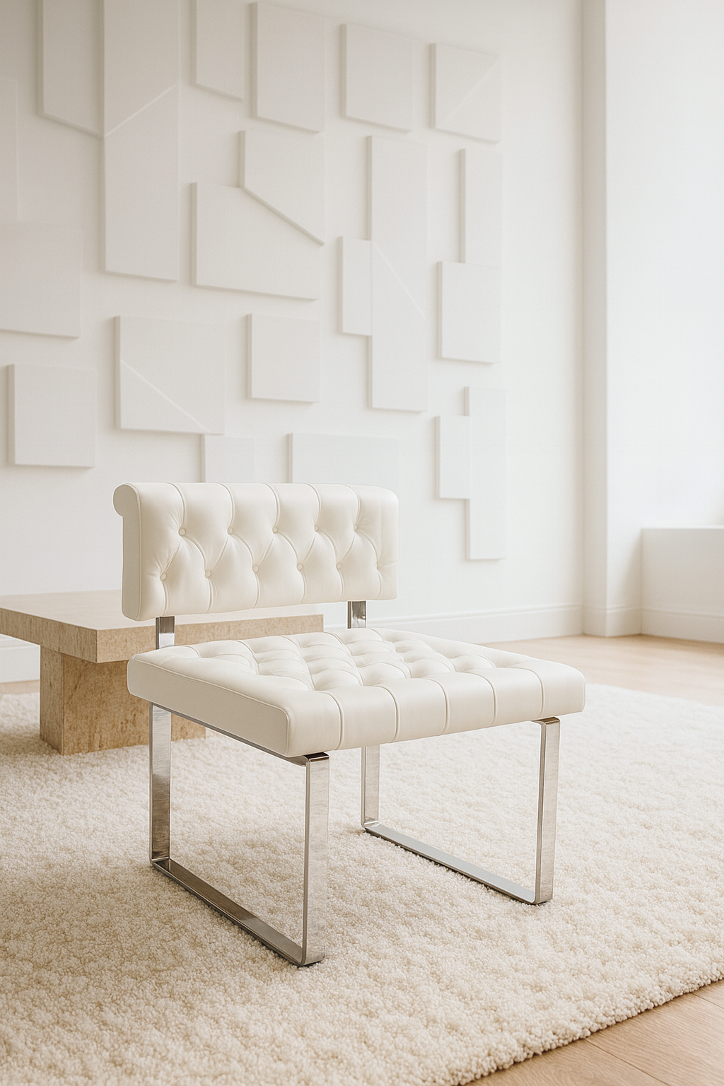 "Janet" modern luxury armchair (65cm) in white leather with deep button tufting, set on a polished chrome metal frame