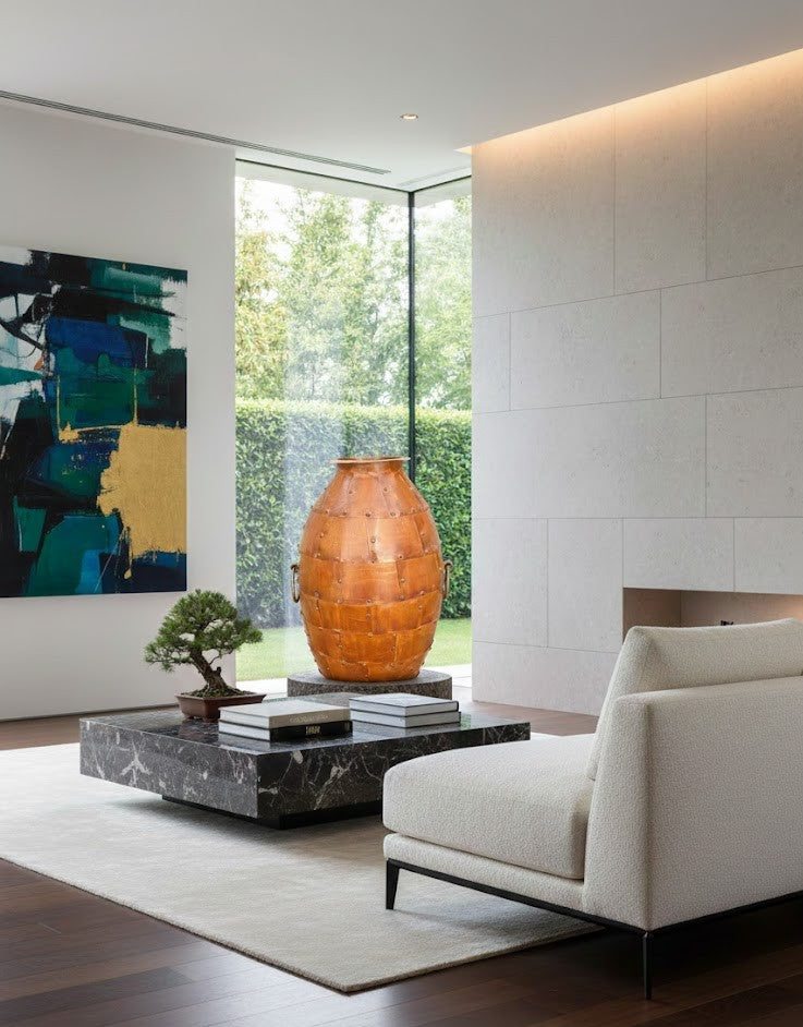 Giant patinated metal floor vase/jar (90cm) with copper-toned metal bands, visible rivets, and large side ring handles