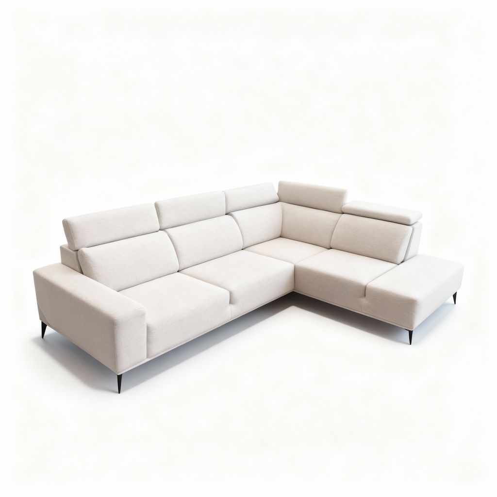 Elegant "Julia" corner sofa with a right-facing chaise, upholstered in soft beige bouclé fabric, featuring adjustable headrests and slim black metal legs.