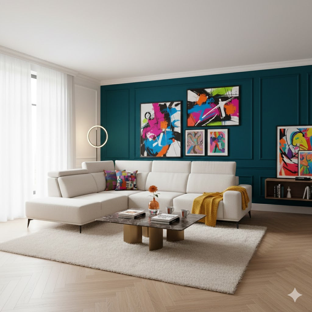 Elegant "Julia" corner sofa with a right-facing chaise, upholstered in soft beige bouclé fabric, featuring adjustable headrests and slim black metal legs.