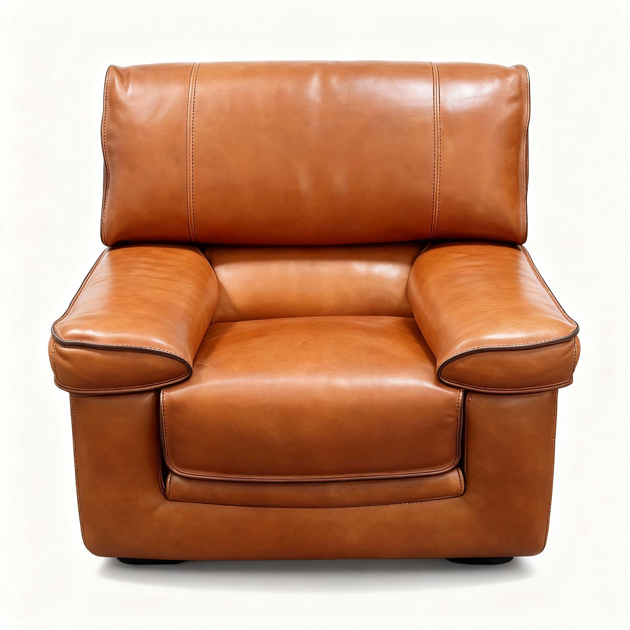 "KENT" Italian-made armchair (105cm) in solid full-grain camel leather with bold contrast stitching, featuring premium Feather/Bultex padding