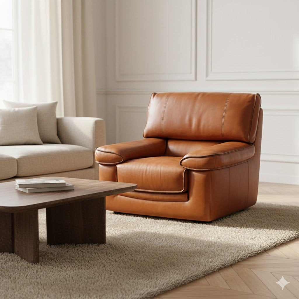 "KENT" Italian-made armchair (105cm) in solid full-grain camel leather with bold contrast stitching, featuring premium Feather/Bultex padding