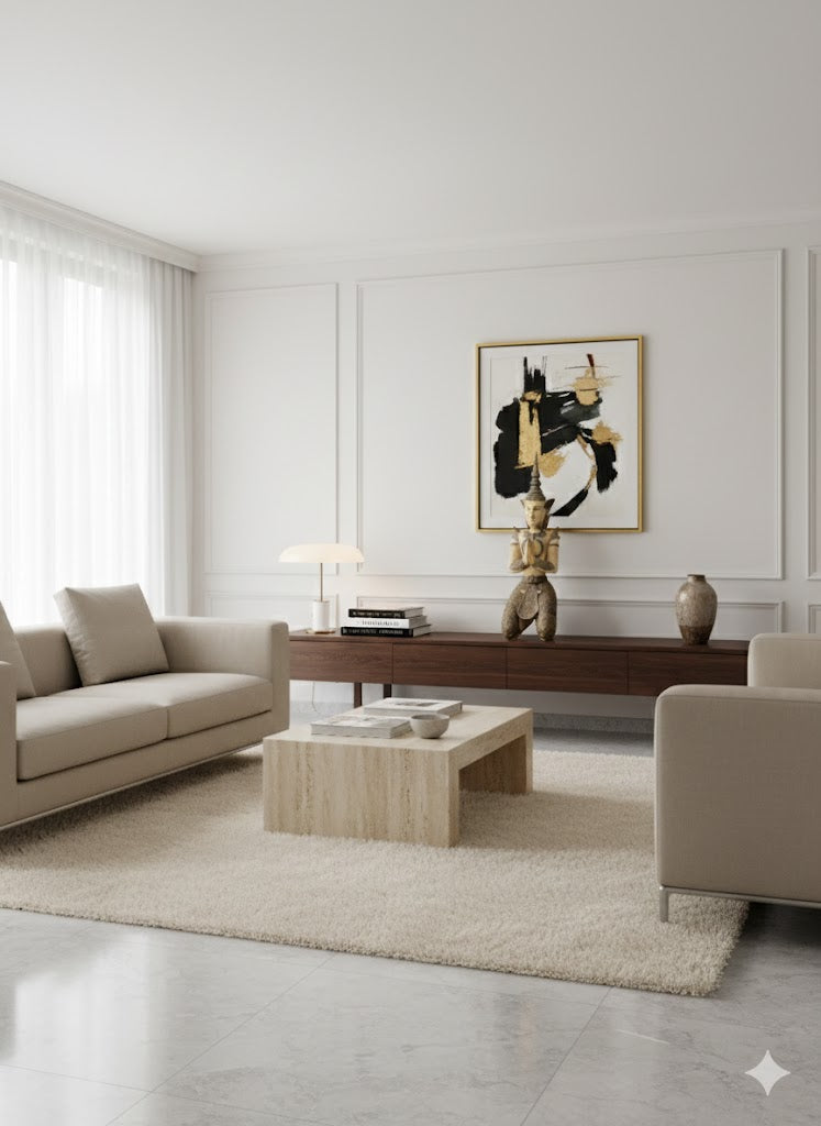 Magnificent Asian statue (75cm) depicting a kneeling divinity/figure in aged ivory patina, with detailed headdress and garments