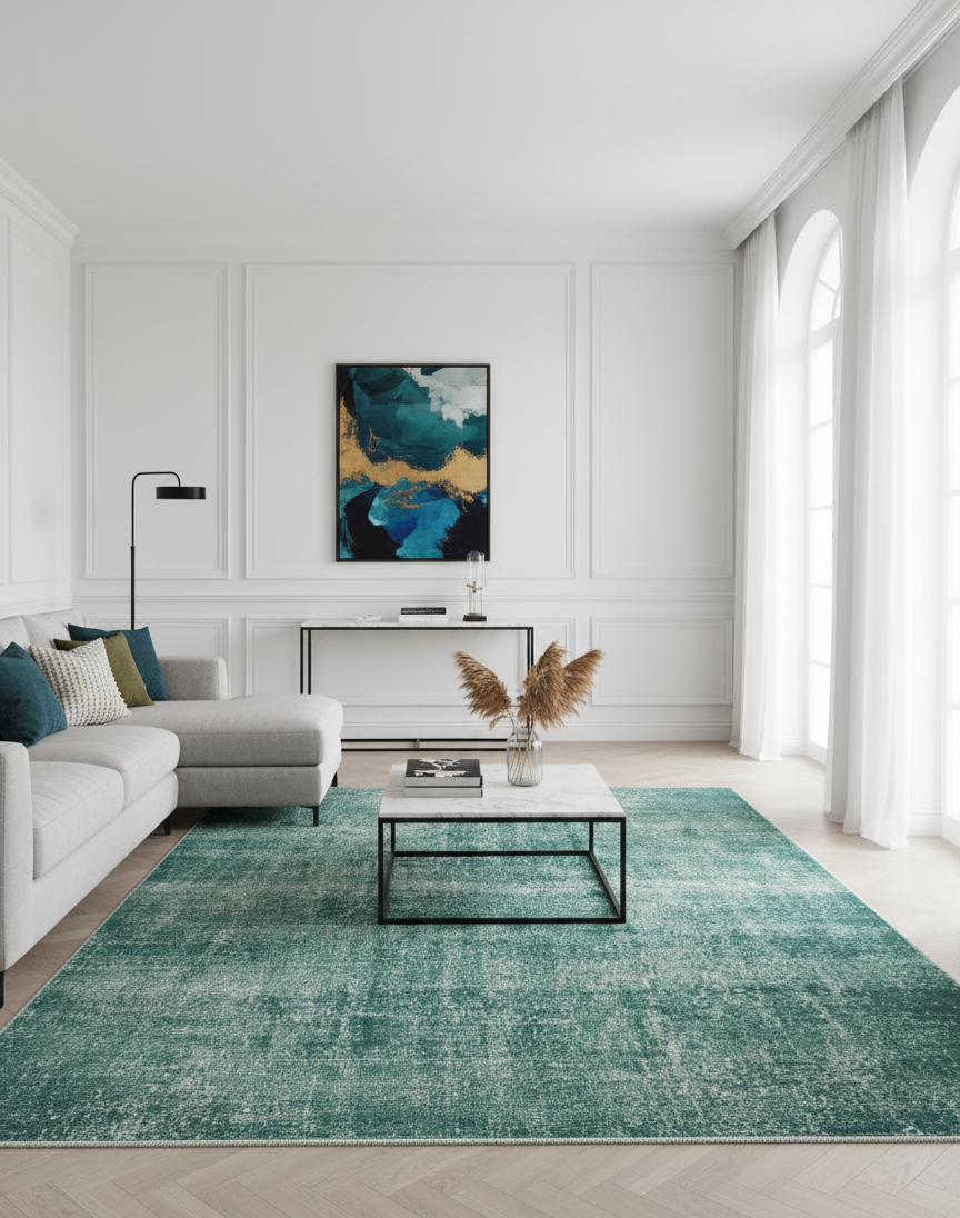 Grand tapis bleu-vert lagune tissé à plat, dimensions 200x300 cm, texture chinée et moderne, pièce unique Outlet Rivet-Lozano n°48.