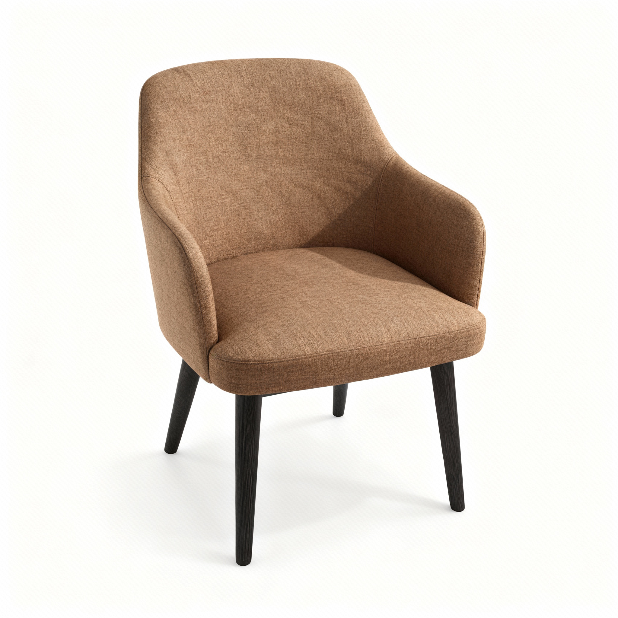 "LISA" compact accent armchair (58x60x75cm) with a soft, rounded design, upholstered in a rich terracotta washable fabric and supported by wengé-stained wooden legs
