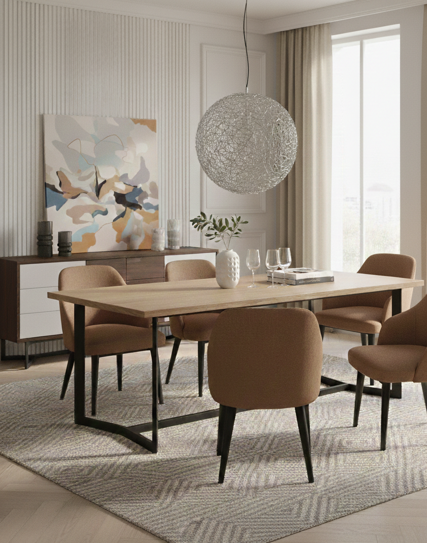 Contemporary LISA dining chair featuring a curved backrest upholstered in terracotta-colored textured fabric with tapered dark wooden legs.