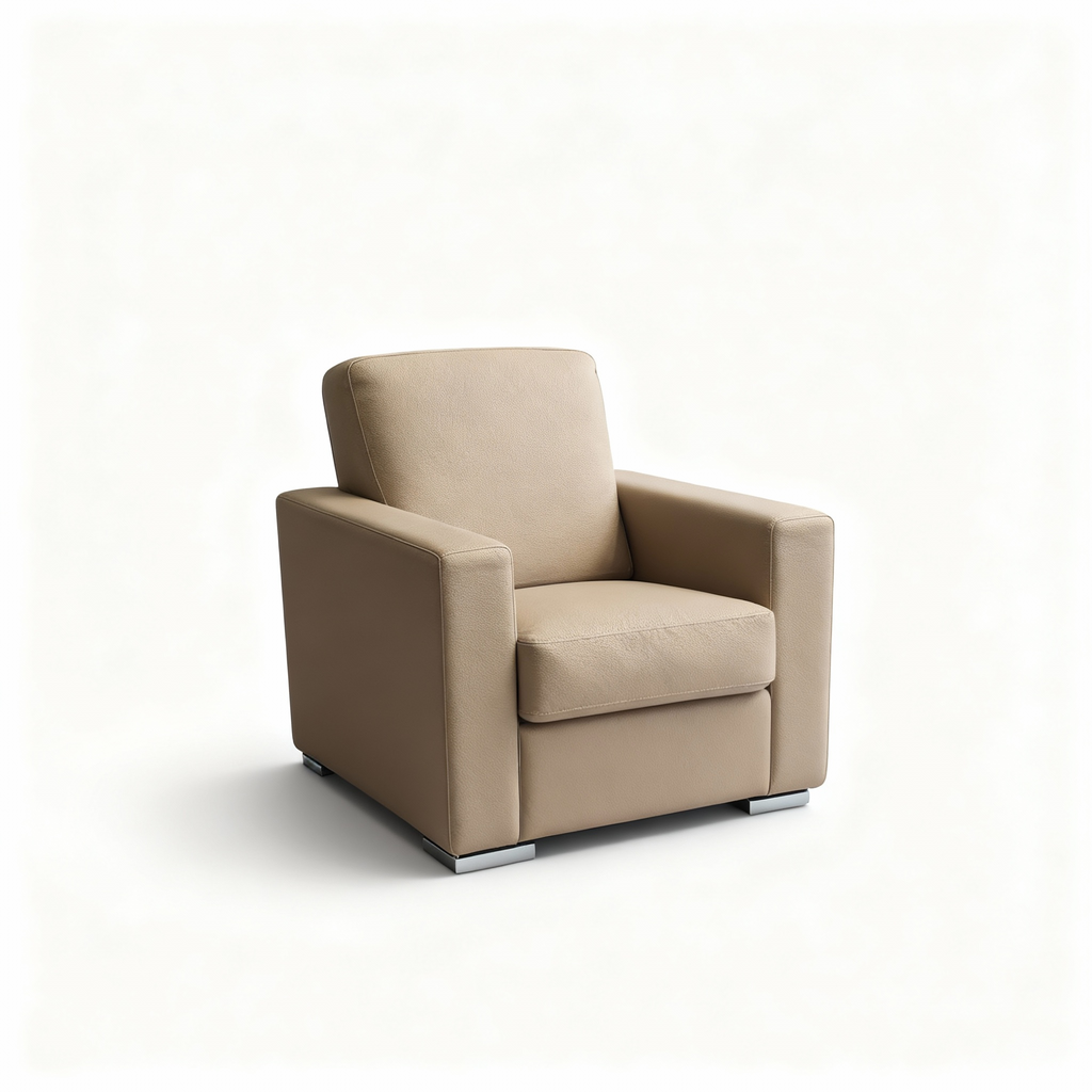 Modern "LUNA" club armchair with a cubist silhouette, upholstered in light full-grain leather, featuring wide armrests and low chrome metal legs.