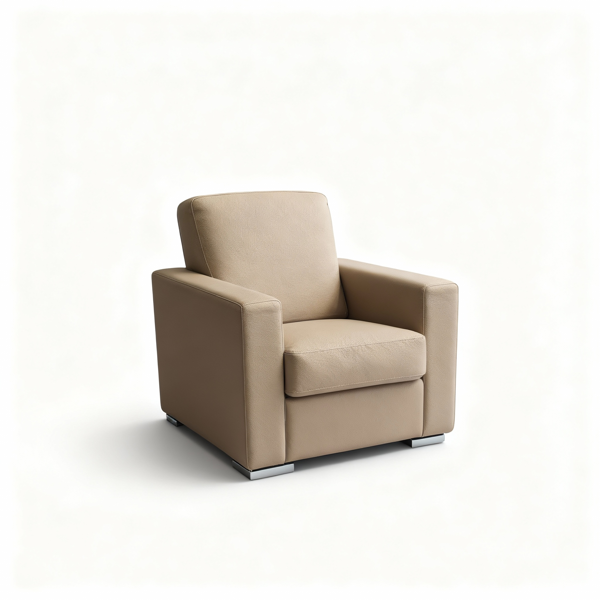 Modern "LUNA" club armchair with a cubist silhouette, upholstered in light full-grain leather, featuring wide armrests and low chrome metal legs.