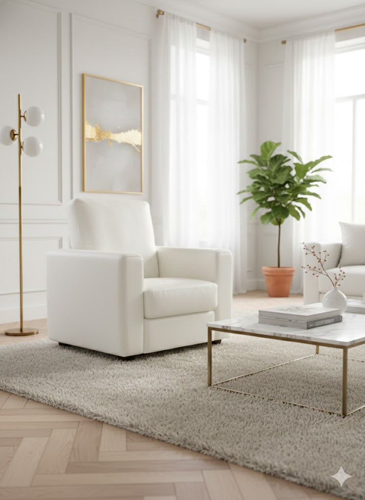 Modern "LUNA" club armchair with a cubist silhouette, upholstered in light full-grain leather, featuring wide armrests and low chrome metal legs.