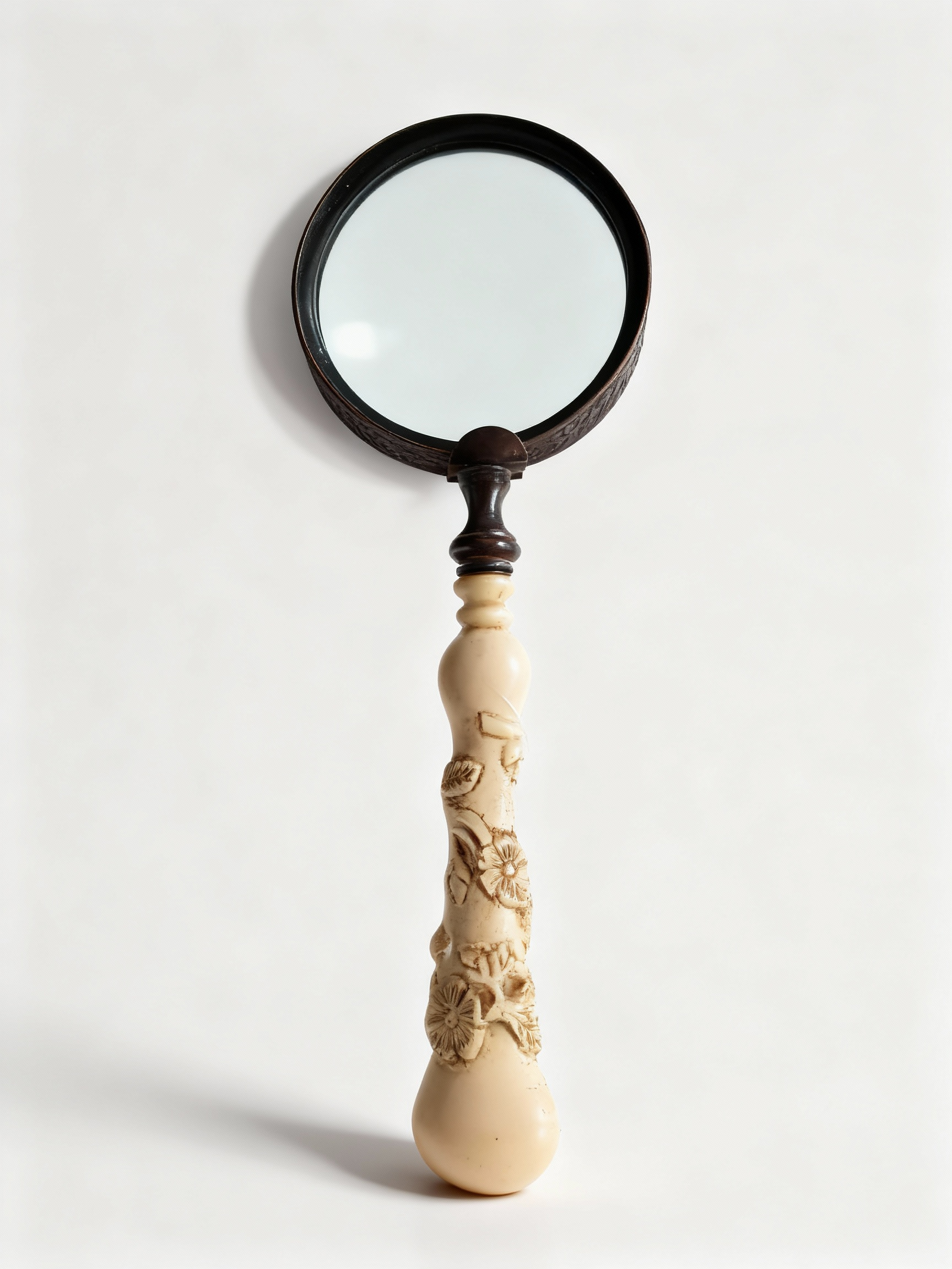 Decorative "L'Explorateur" magnifying glass with classic dark frame and sumptuously hand-carved handle, Victorian style