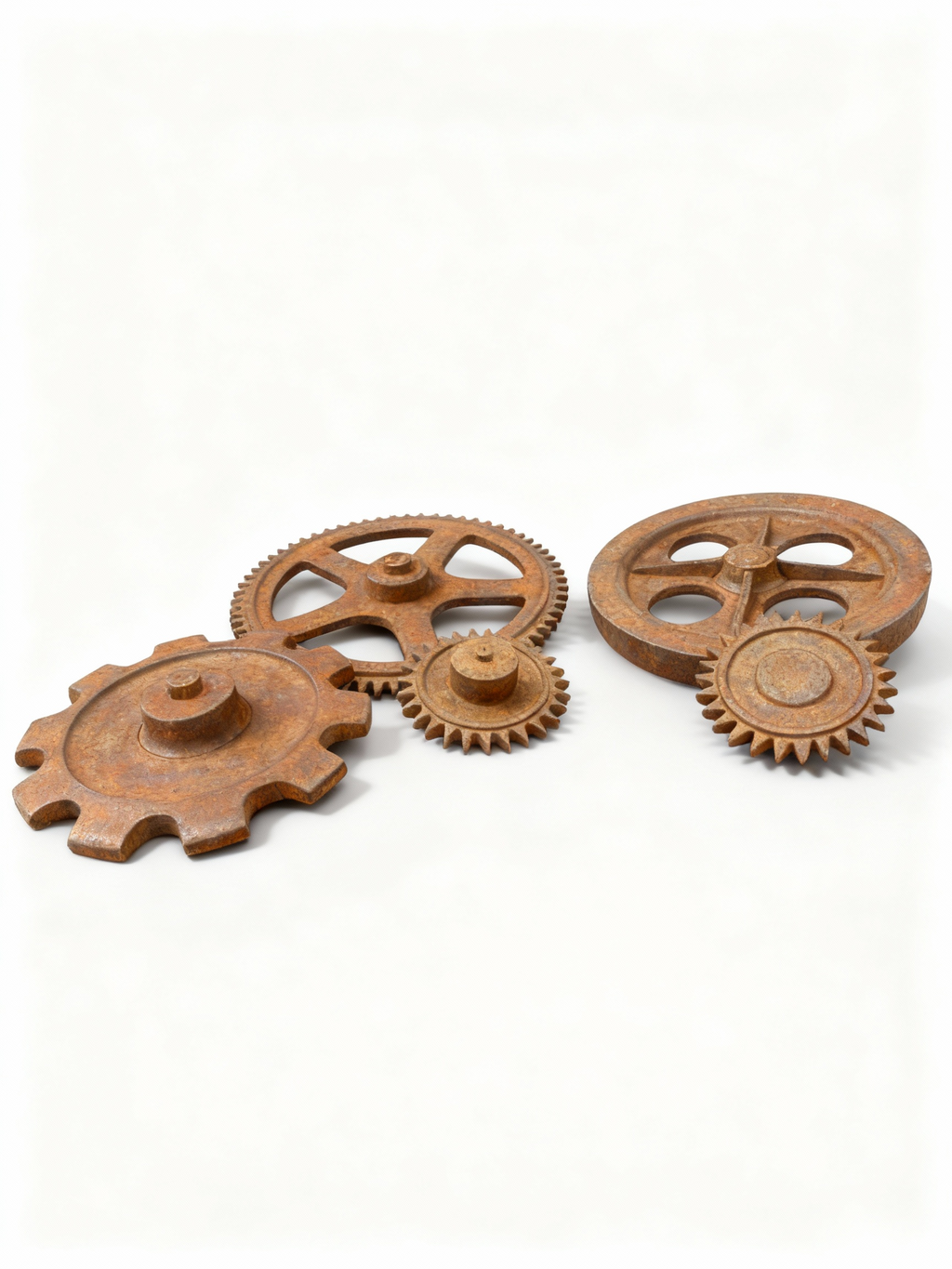 La Machina set of 5 sculptural industrial gears and wheels with aged metal and rusted patina for wall display