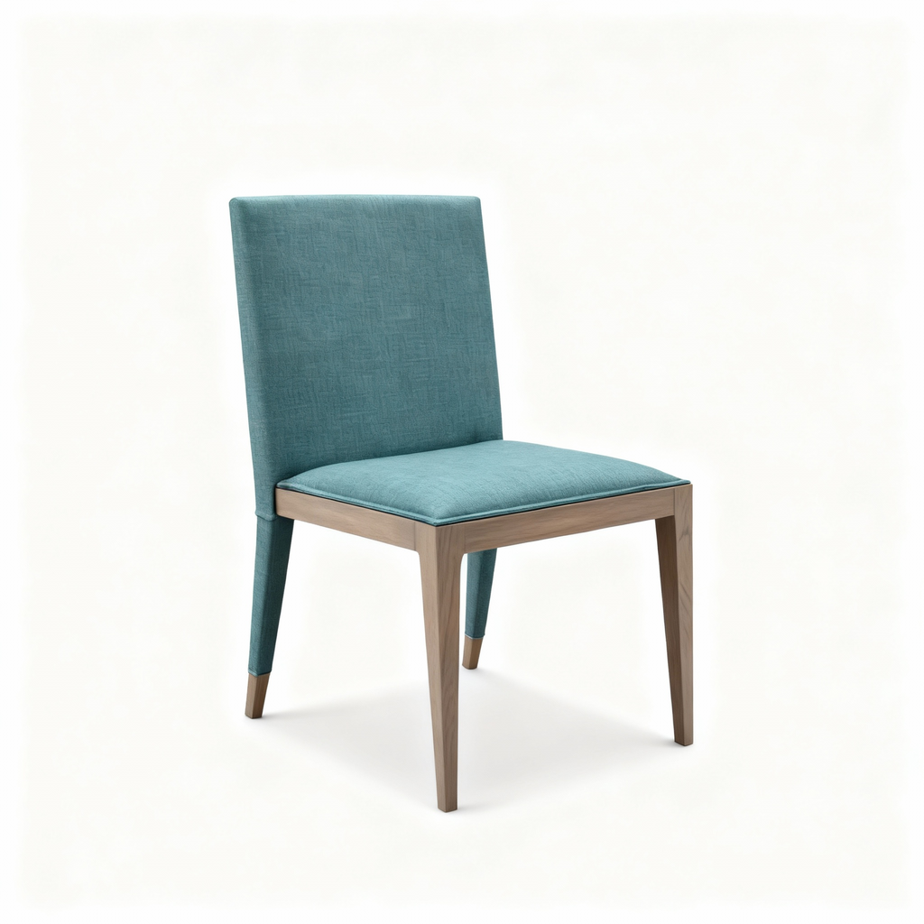 Modern "Lagon Bleu" dining chair with a light Iberian walnut wood frame and upholstered in a soothing blue-green textile. Available in a version with armrests and one without.