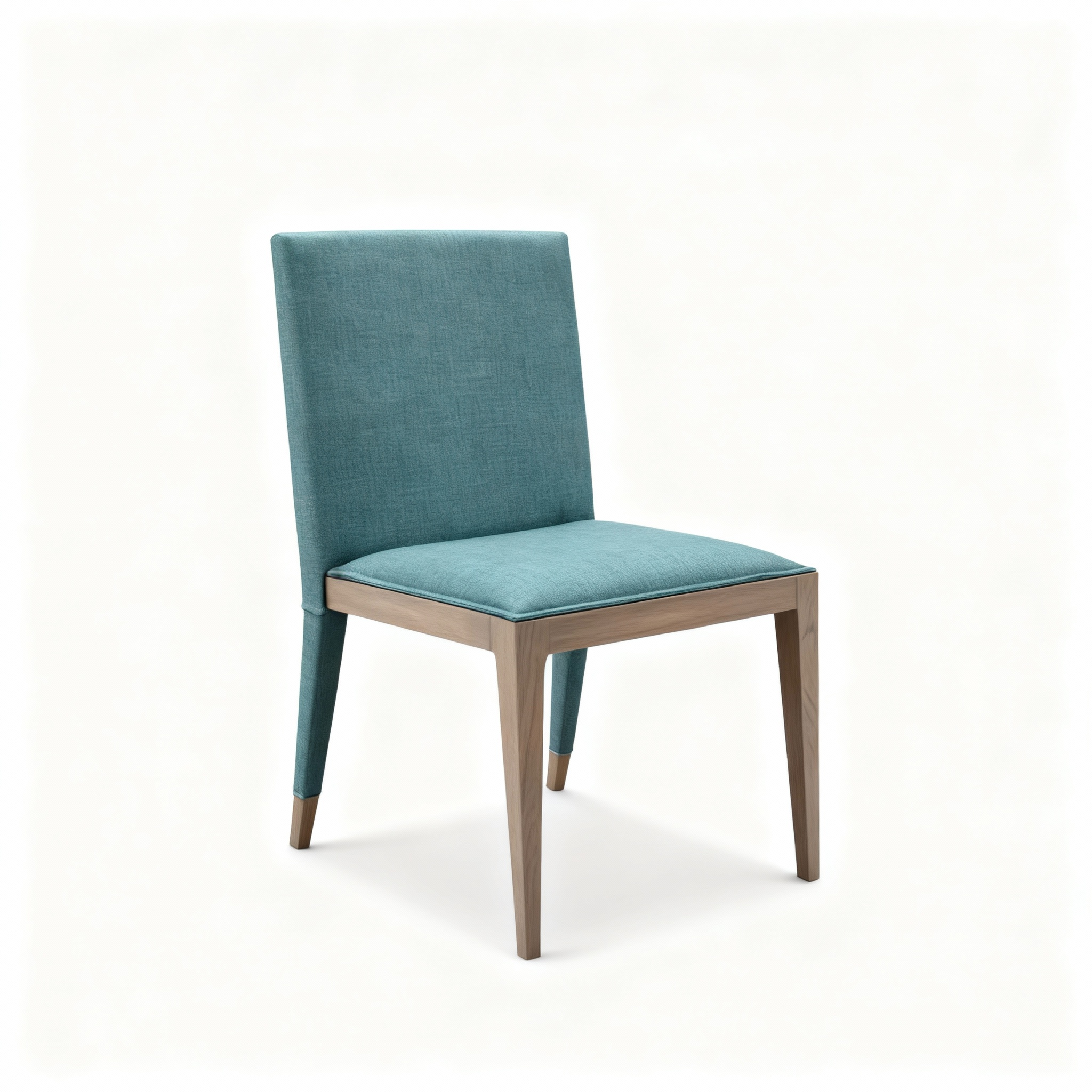 Modern "Lagon Bleu" dining chair with a light Iberian walnut wood frame and upholstered in a soothing blue-green textile. Available in a version with armrests and one without.