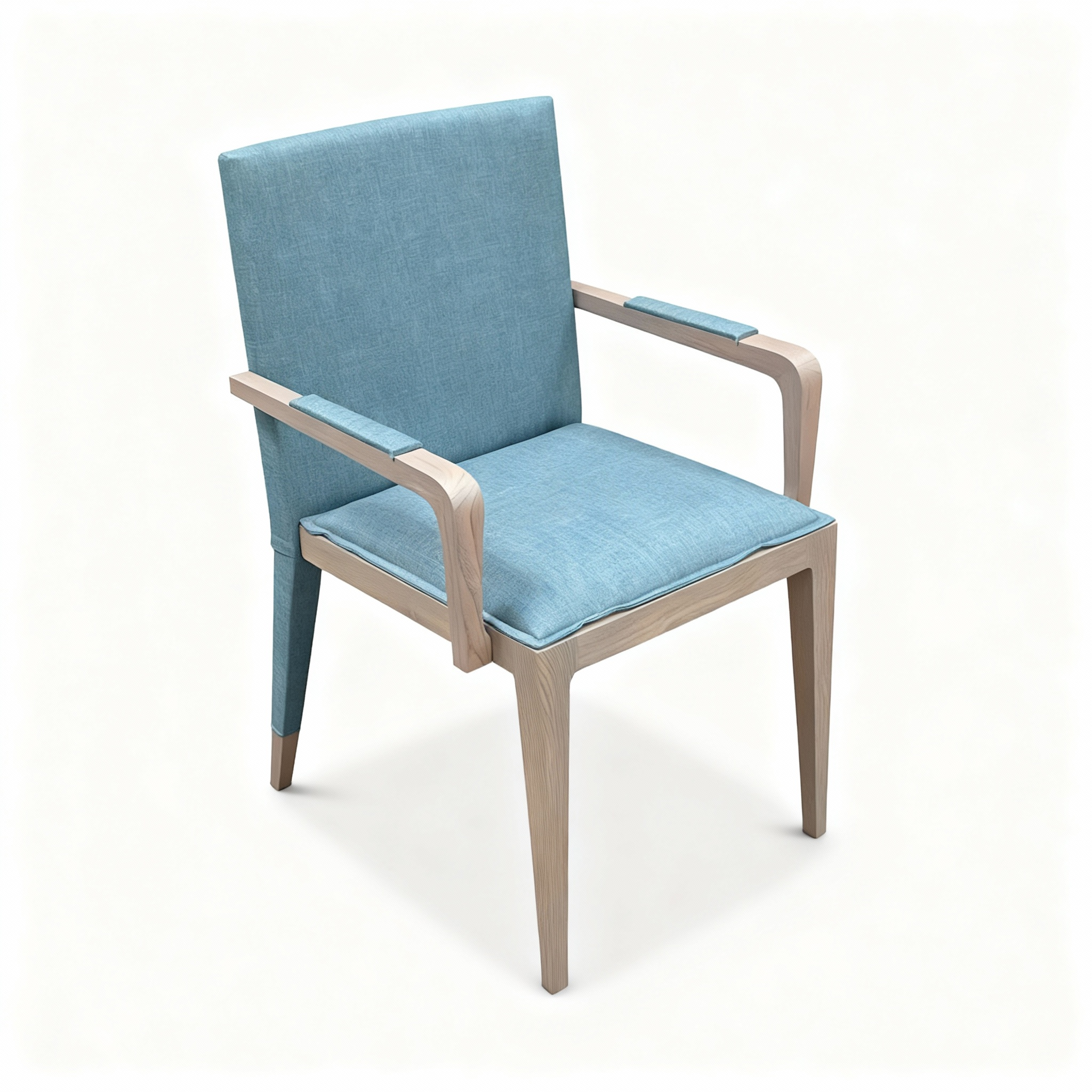 Modern "Lagon Bleu" dining chair with a light Iberian walnut wood frame and upholstered in a soothing blue-green textile. Available in a version with armrests and one without.