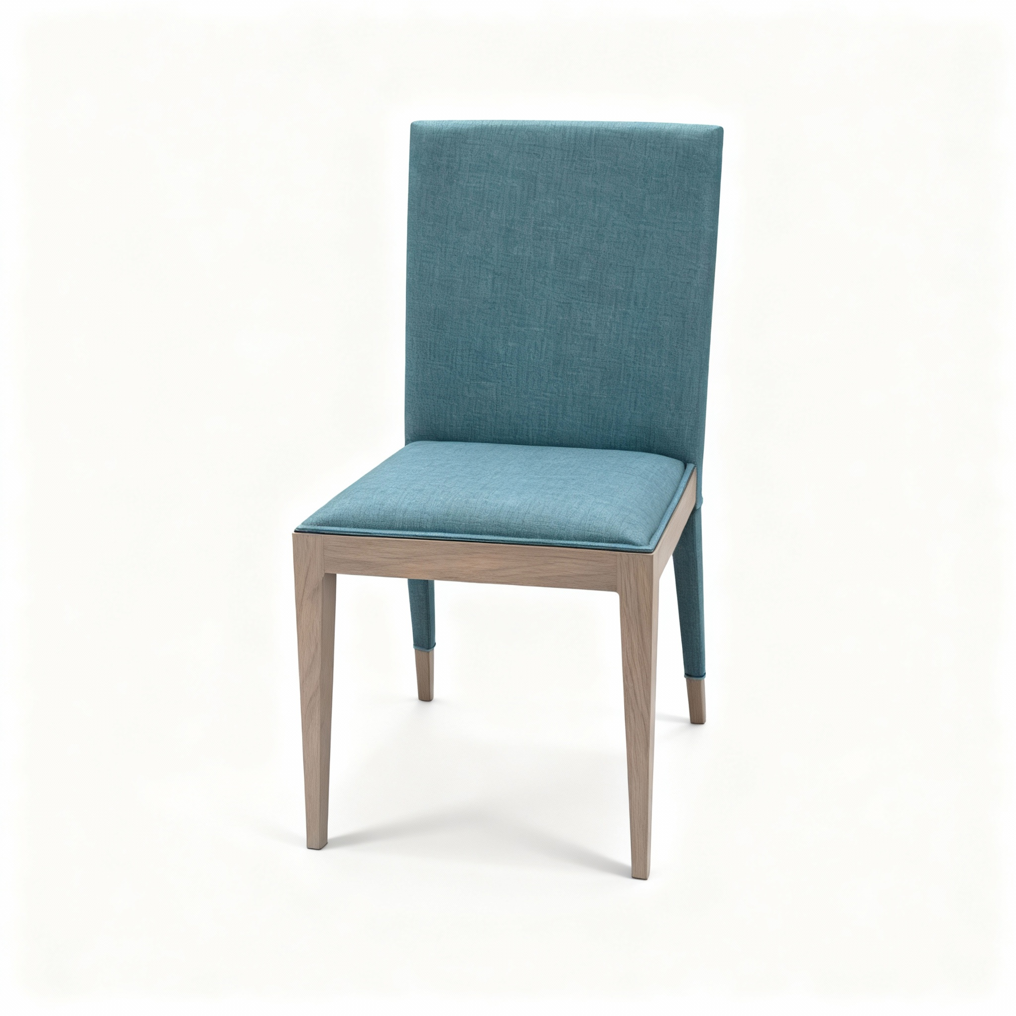 Modern "Lagon Bleu" dining chair with a light Iberian walnut wood frame and upholstered in a soothing blue-green textile. Available in a version with armrests and one without.