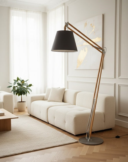 Articulated wood arm and black shade detail of the ARCHITECT XL floor lamp