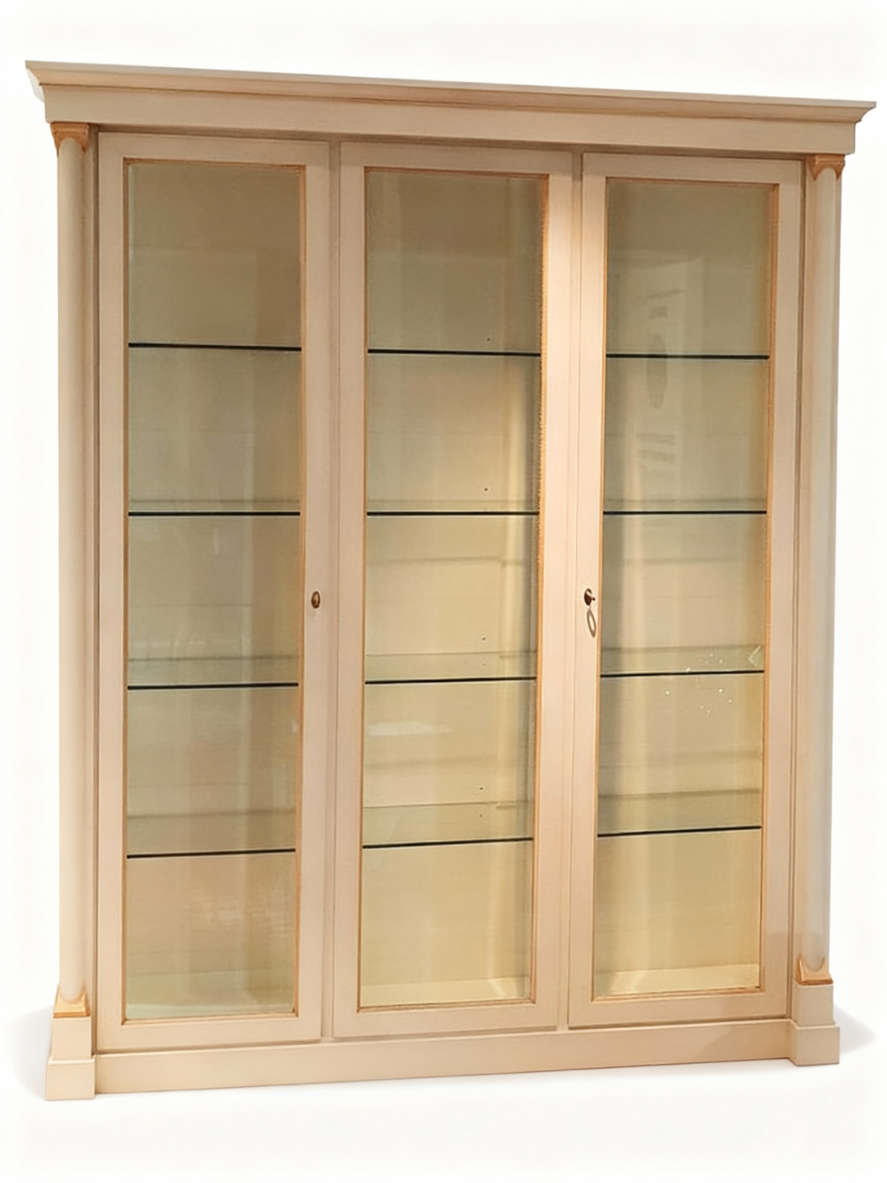 Large 3-door cherry wood display cabinet with a vanilla lacquer finish, featuring glass shelves for showcasing items.