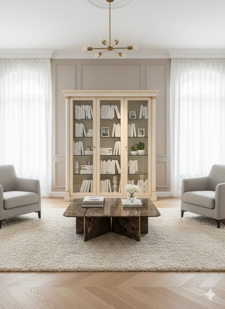 Large 3-door cherry wood display cabinet with a vanilla lacquer finish, featuring glass shelves for showcasing items.